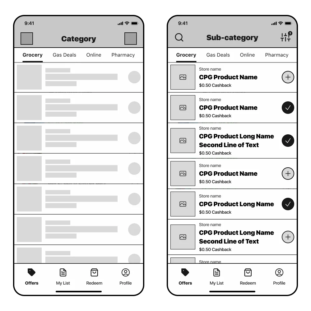 Mid-fidelity wireframe mockup designs.